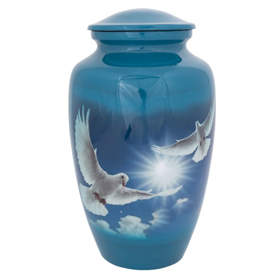11 INCHES HIGH X 6 INCHES WIDE Aluminum White Doves Urn