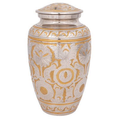 11 INCHES HIGH X 6 INCHES WIDE Aluminum Etched Gold and Silver Colored Urn