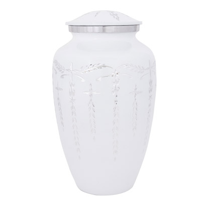 11 INCHES HIGH X 6 INCHES WIDE Aluminum Etched White Urn