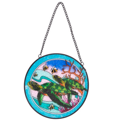 6 1/4" Diameter Round Stained Glass Sea Turtle Suncatcher