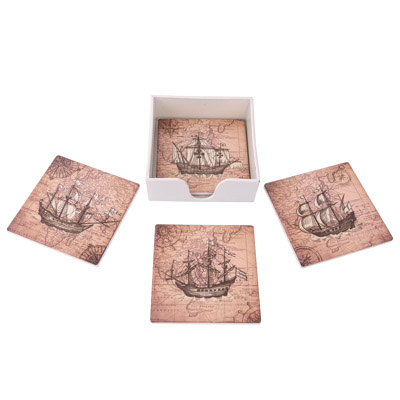 4 1/4 Inches Wide Square Sailing Ship Coaster Set