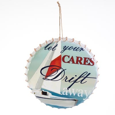 9 3/4 Inches Wide Cares Drift Away Sailboat Metal Bottle Cap
