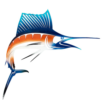 31 Inches High x 23 1/2 Inches Wide Powder Coated Laser Cut Metal Leaping Sailfish