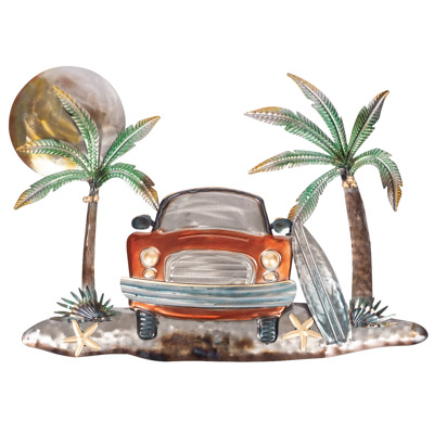 23 Inches W x 18 1/4 Inches H Metal Tropical Palms and Car Wall Decor