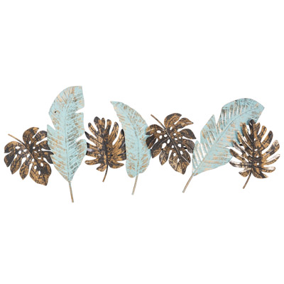 33 3/4 Inches Wide x 15 3/4 Inches High Metal Leaves With Aqua Wall Decor