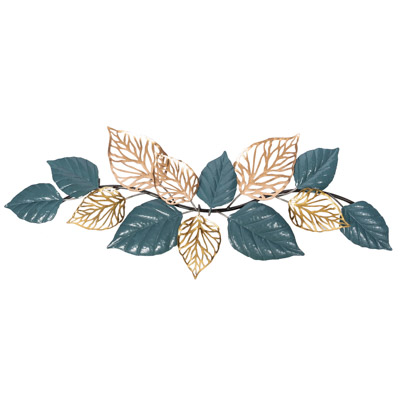43 1/4 Inches Wide x 16 1/2 Inches High Metal Leaves With Blue Wall Decor
