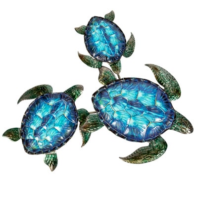 26 1/2 Inches High x 24 3/4 Inches Wide Blue Metal Wall Three Turtle Decor