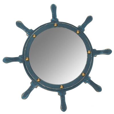 18 Inches Diameter Rustic Aqua Ship Wheel Wall Mirror