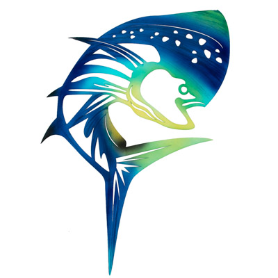 31 1/2 Inches High x 19 Inches Wide Powder Coated Metal Laser Cut Leaping Mahi Mahi Fish