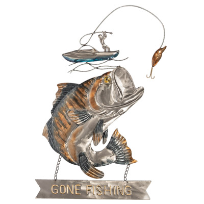 30 1/2 Inches High x 22 Inches Wide Bass Fishing Metal Wall Decor