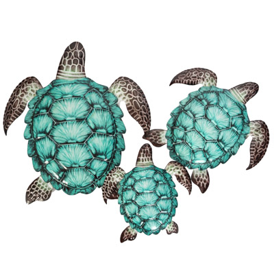 30 1/2 Inches Wide x 22 Inches High Metal Triple Aqua Wall Turtles