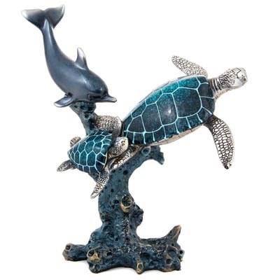 10 3/4 Inches High Lacquer Finish Dolphin and Turtles