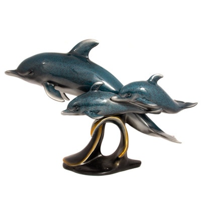 21 1/2 Inches Long x 14 Inches High Artistic Triple Dolphins Statue